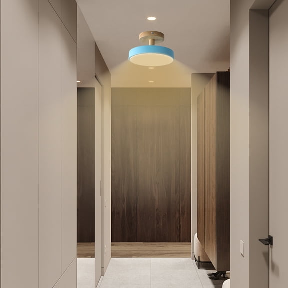 Ke1Clo Rust Proof Solid Wood Hallway Light, Warm LED Ironwood Corridor Ceiling Fixture for Balcony Cloakroom, Acrylic Flush Mount Light with Soft LED Lens for Hallway Entryway, Blue