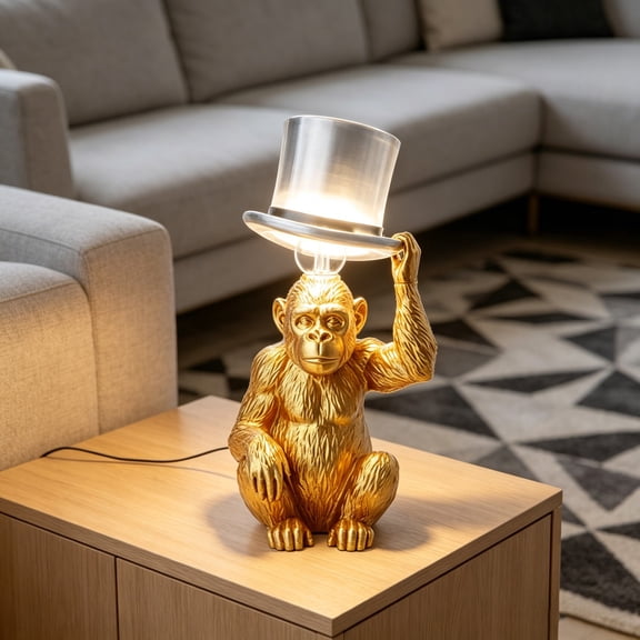 Ke1Clo Sculptural Monkey Table Lamp, 13.8 Inch Resin Top Hat Desk Night Light for Bedroom Office Living Room, Decorative Animal Bedside Lamp with USB Cord for Home Decor, Gold