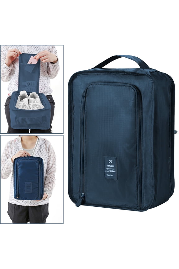 Shoe Storage Bag Foldable Travel Organizer 30x21x11.5cm, Portable Shoe Carrying Box for Clothes Shoes Accessories, Compressible Packing Cube Hand Carry Bag, Navy