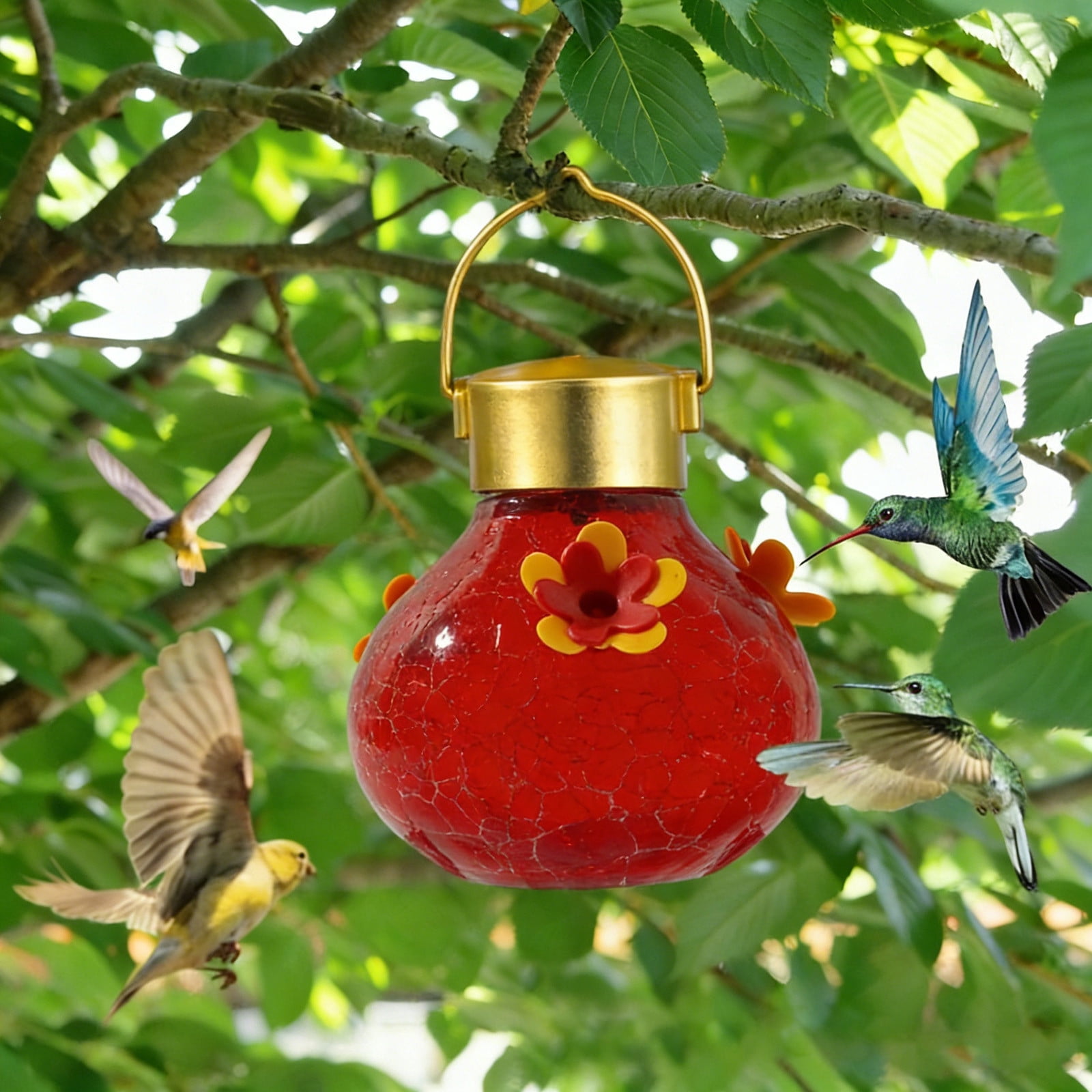 Ke1Clo Solar Hummingbird Feeder, Automatic Glass Decoration with Multicolor Lights, Outdoor Garden Bird Feeder Attracts Hummingbirds at Night for Courtyard Decor