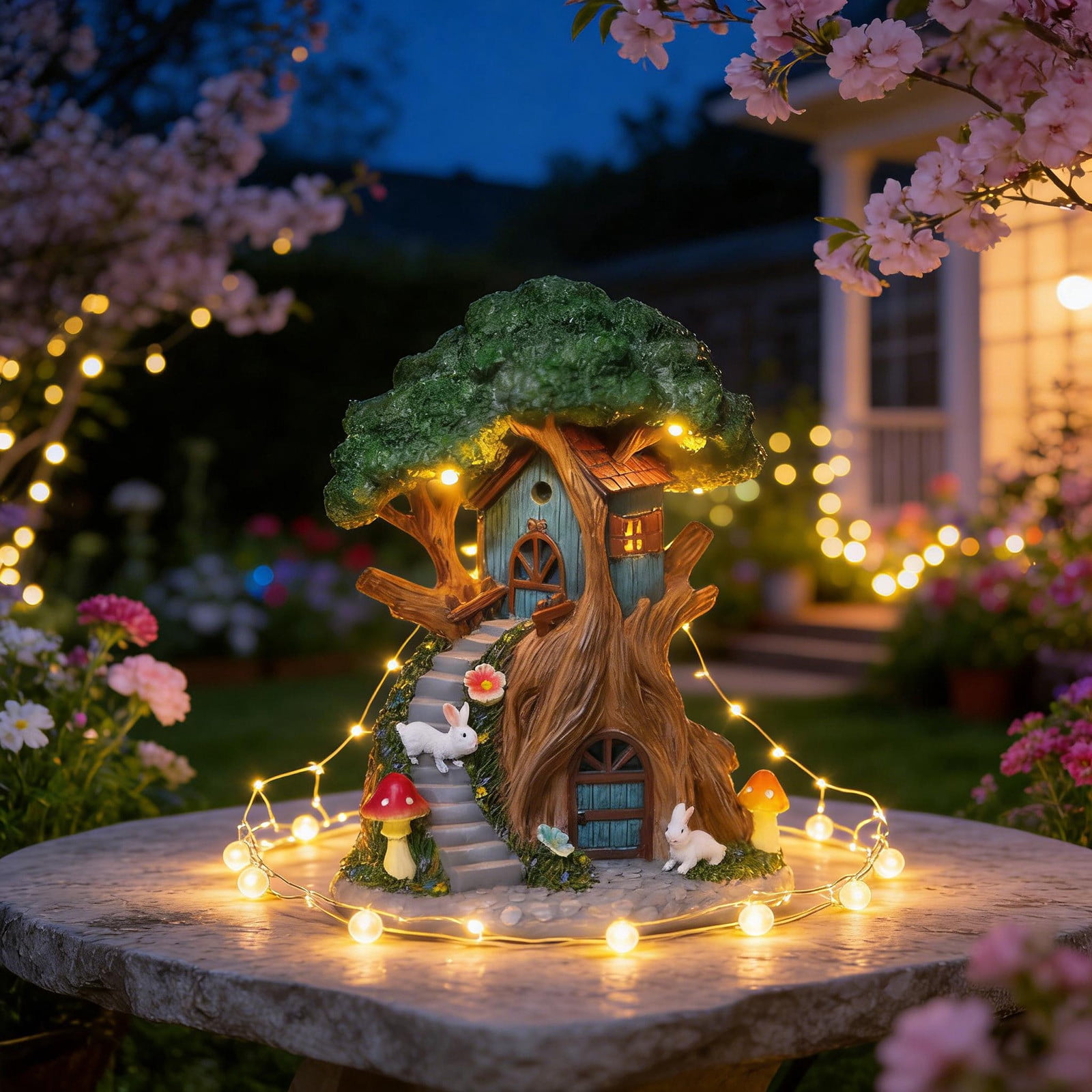 Ke1Clo Solar Tree House Garden Statue, Whimsical LED Outdoor Decor Garden Ornament, Resin Yard Art Sculpture for Patio Lawn Landscaping