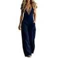 thumbnail image 1 of Ke1Clo Spring Fall Jumpsuits for Women Sleeveless Loose Wide Leg Cargo Rompers with Pocket Casual Solid High Waist Romper Dark Blue L, 1 of 5