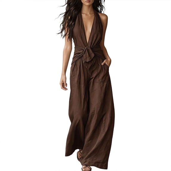 Ke1Clo Spring Fall Jumpsuits for Women Sleeveless Waist Cincher Wide Leg Jumpsuit Casual Beach Vacation Trendy Party Romper Coffee S