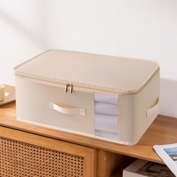 Ke1Clo Underbed Storage Bag Foldable Organizer, Breathable Zippered Clothes Comforter Bin with Clear Window, Bedroom Blanket Storage Container with Handles Collapsible Box, Beige