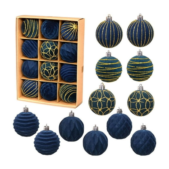 Ke1Clo Velvet Christmas Tree Ornaments, Blue, 12 Count, 2.36 Inch Shatterproof Flocked Christmas Ornaments Sets, Christmas Ball Ornaments for Christmas Tree Decorations