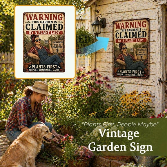 Ke1Clo Vintage Garden Sign, Trespassers Will Be Composted Metal Wall Decor, 6x8 Inch Distressed Warning Sign, Plants First Statement Plaque for Fence Shed Patio