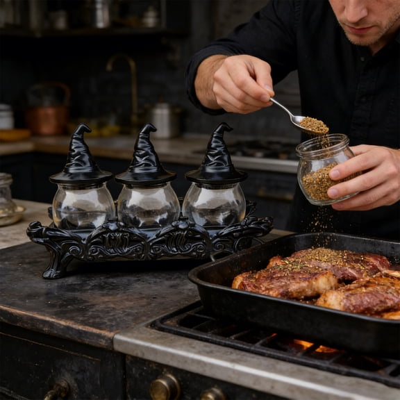 Ke1Clo Witch Spice Jar Set, Vintage Unique Witchcore Kitchen Dcor Gothic Kitchen Decor - 3-Piece Glass Spice Jars with Iron Stand, Dark Fantasy Home Accent