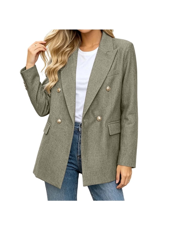 Women Blazer Jacket Oversized Notched Lapel Double Breasted Long Sleeve Coat Solid Casual Loose Business Work Office Outerwear Gray S