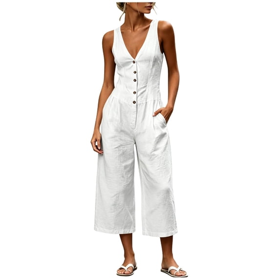 Ke1Clo Women High Waist Capri Wide Leg Jumpsuit Casual Solid V Neck Sleeveless Button Pocket Rompers Spring Fall Beach Vacation Travel Loose Jumpsuits White L