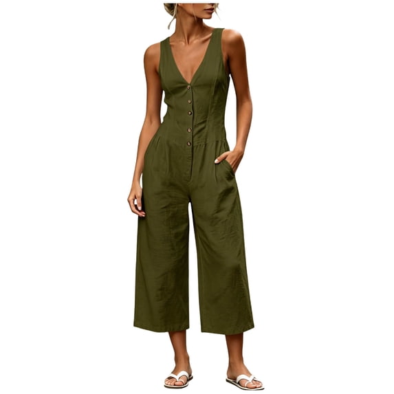 Ke1Clo Women High Waist Capri Wide Leg Jumpsuit Casual Solid V Neck Sleeveless Button Pocket Rompers Spring Fall Beach Vacation Travel Loose Jumpsuits Green M