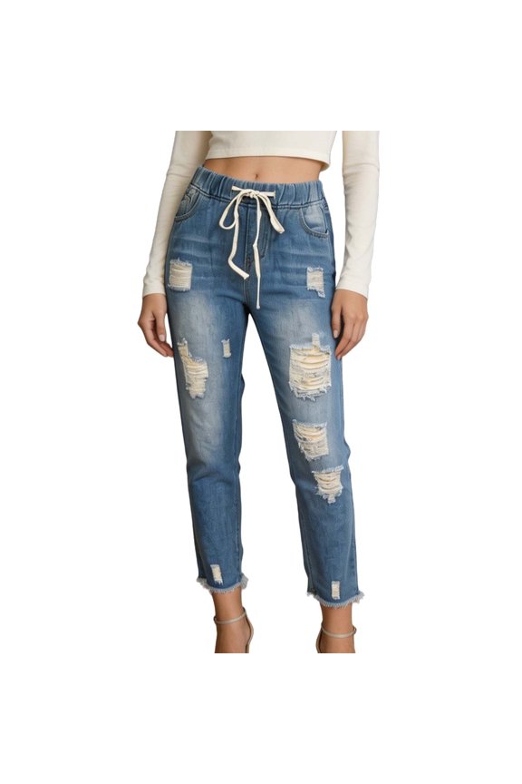 Women Ripped Denim Joggers Spring Fall Drawstring Elastic Waist Cropped Pants Casual Slim Fit Slash Jeans Pants Light Blue S