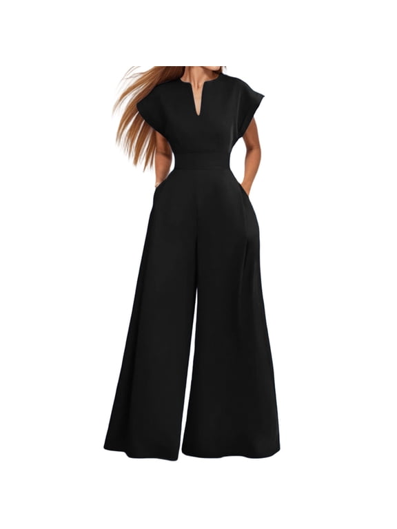 Women Spring Fall Jumpsuits Casual V Neck Sleeveless High Waist Elastic Waist Jumpsuit Solid Loose Flowy Wide Leg Romper Black XXL