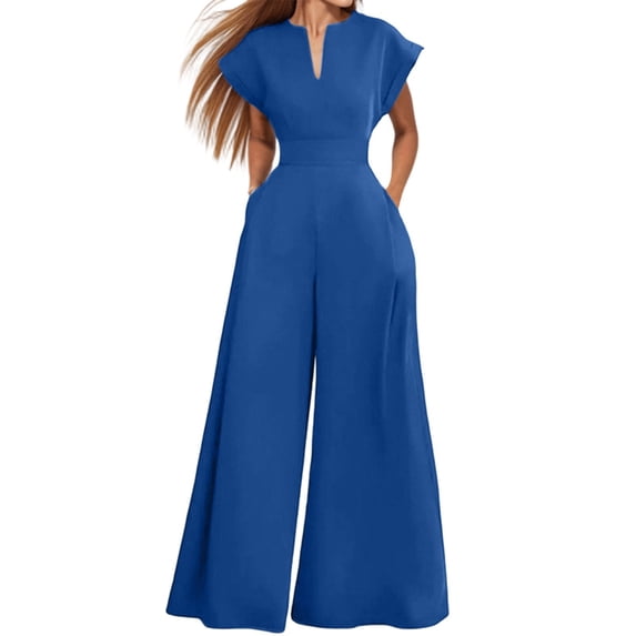 Ke1Clo Women Spring Fall Jumpsuits Casual V Neck Sleeveless High Waist Elastic Waist Jumpsuit Solid Loose Flowy Wide Leg Romper Blue XL