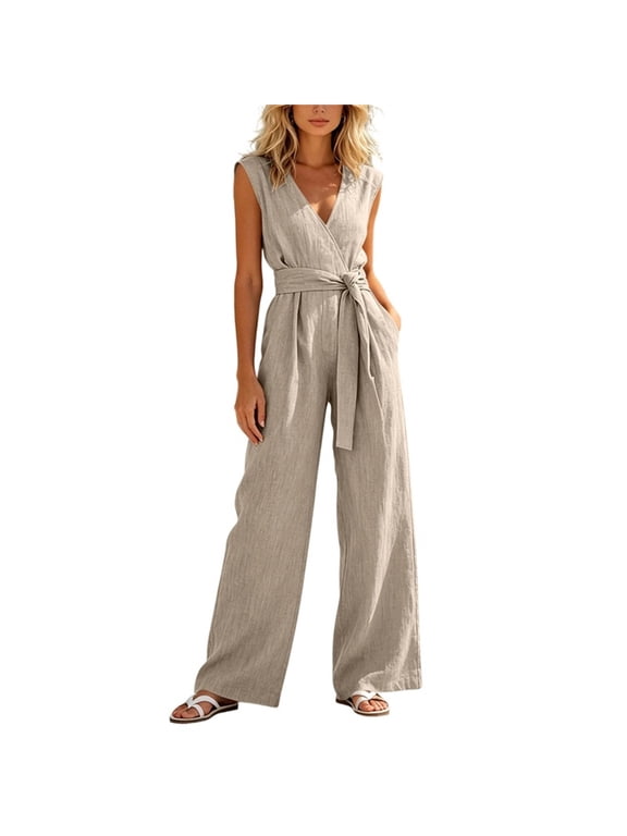 Women Wide Leg Jumpers Casual Beach Vacation Solid High Waist Rompers Spring Fall Full Length Loose Flowy Jumper Khaki L