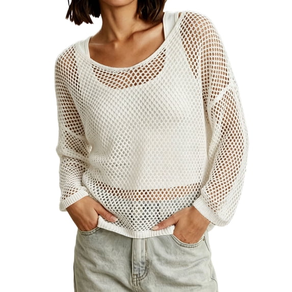 Ke1Clo Women’s Cotton Openwork Knit Sweater Cropped Sheer Mesh Cover Up Loose Fit Long Sleeve Summer Vacation Hollow Out Lightweight Korean Style Top