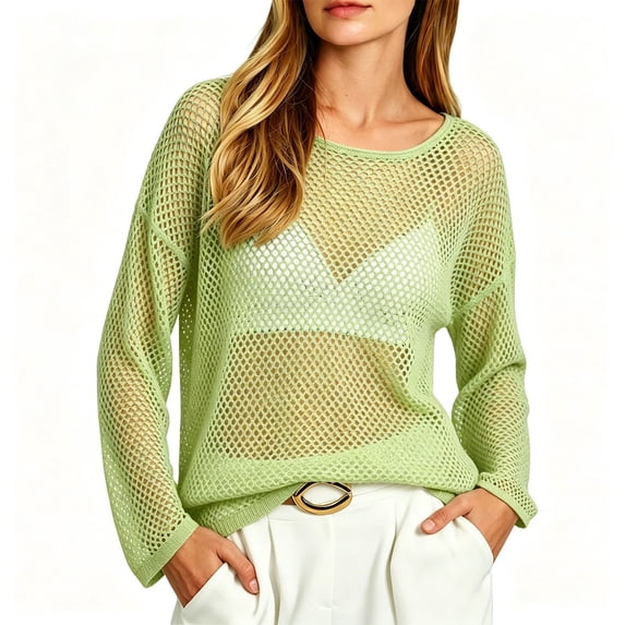 Ke1Clo Women’s Cotton Openwork Knit Sweater Cropped Sheer Mesh Cover Up Loose Fit Long Sleeve Summer Vacation Hollow Out Lightweight Korean Style Top