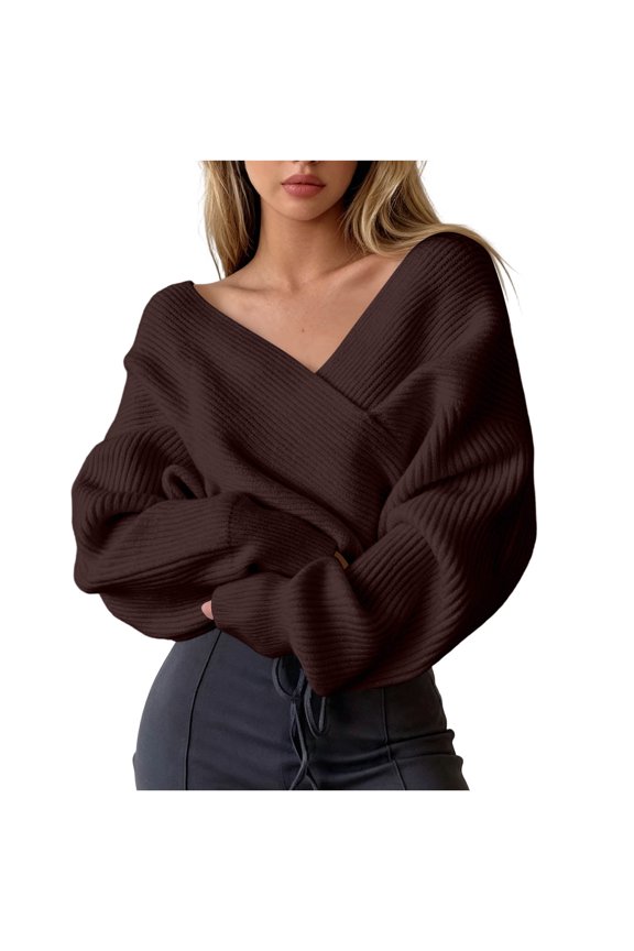 Women's Cropped Off Shoulder Sweater Solid Color Wrap V Neck Ribbed Knit Pullover Loose Casual Slouchy Fall Winter Long Sleeve Top