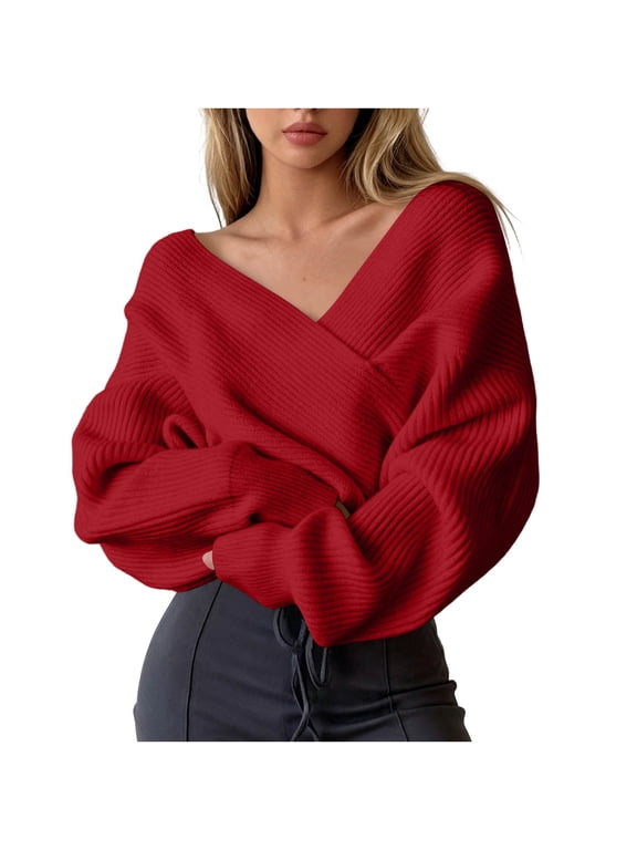 Women's Cropped Off Shoulder Sweater Solid Color Wrap V Neck Ribbed Knit Pullover Loose Casual Slouchy Fall Winter Long Sleeve Top