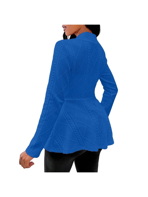 Women's Cropped Peplum Jacket Textured Open Front Long Sleeve Button Up Cinched Waist Flared Hem Solid Color Casual Spring Blazer