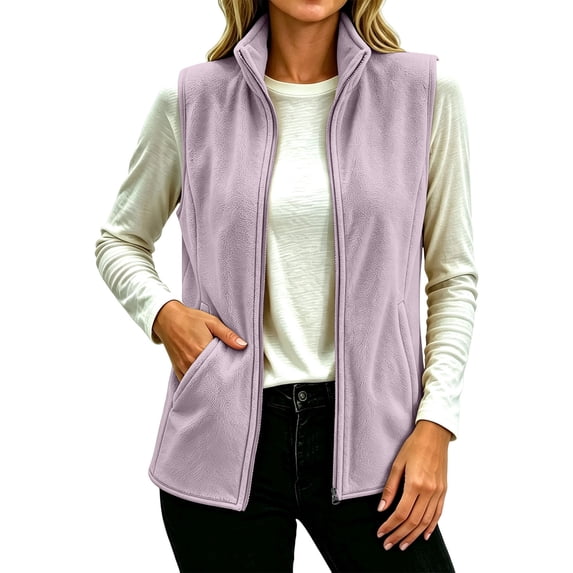 Ke1Clo Women's Fleece Zip Up Jacket Sleeveless Full Zip Casual Loose Warm Vest Outwear with Pockets Solid Fall Winter Comfortable Tops Purple XXL