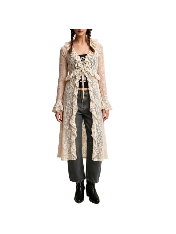 Women's Floral Lace Cardigan Vintage Boho Ruffle Duster Cover Up Deep V Neck Long Sleeve Semi Sheer Breathable Open Front Maxi Length