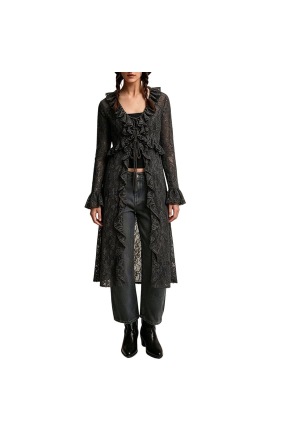 Women's Floral Lace Cardigan Vintage Boho Ruffle Duster Cover Up Deep V Neck Long Sleeve Semi Sheer Breathable Open Front Maxi Length