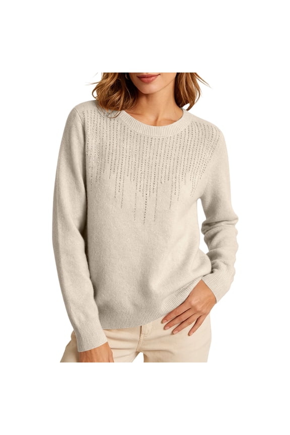 Women's Rhinestone Knit Sweater Elegant Round Neck Long Sleeve Pullover Soft Breathable Solid Color Casual Winter Base Layer Top