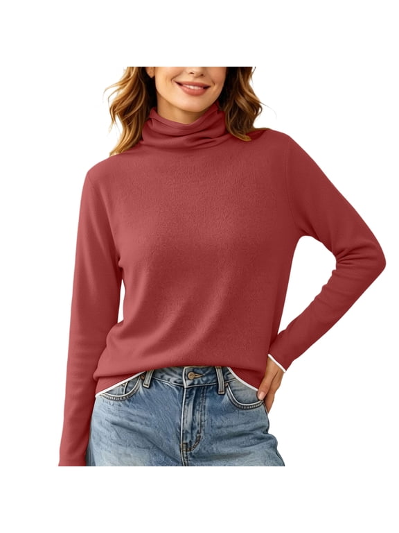 Women's Turtleneck Pullover Solid Casual Long Sleeve Top Winter Knit Tops Layering Essential Cozy Soft Warm Stretchy Regular Fit Comfortable