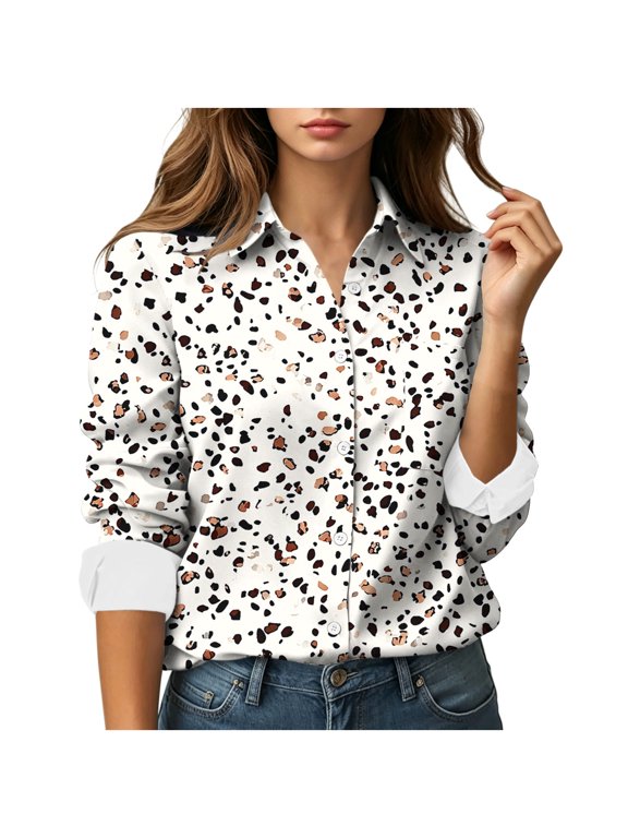 Womens Blouse Button Down Collared Long Sleeve Leopard Print Casual Fashion Tops Spring Summer Fall Trendy Party Shirts Khaki M