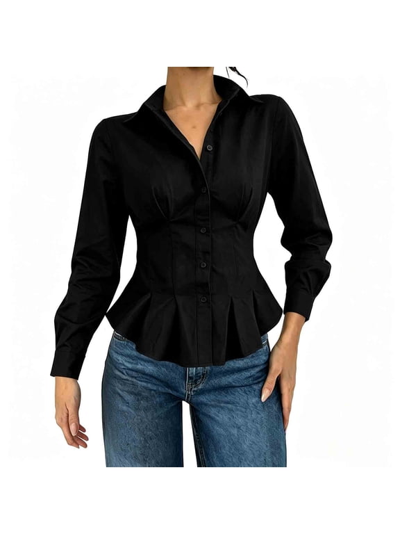 Womens Blouses Casual Fashion Button Down Collared Long Sleeve Fitted Peplum Tops Elegant Ruffle Pleated Slim Work Dressy Shirt Black XXL