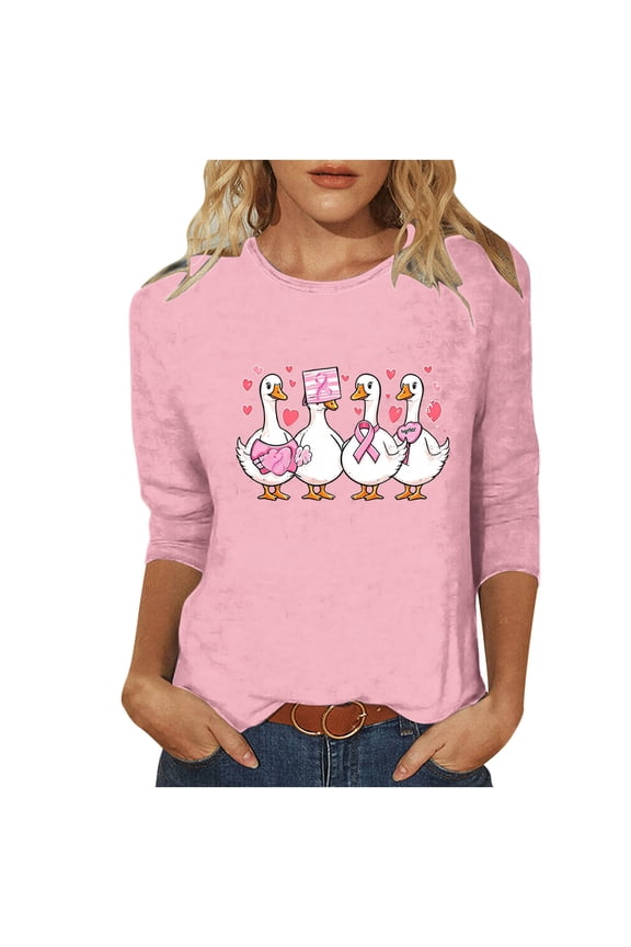 Womens Graphic Tee Cute Casual Round Neck 3/4 Sleeve Hearts Blouses Duck Breast Cancer Awareness Loose Fit Summer Spring Fashion Printed Tops Pink S