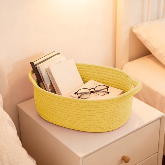 Ke1Clo Woven Storage Basket, 12x8x5 Inch Fabric Rope Organizer with Handle, Multipurpose Gift Basket with Ribbon Decor for Bathroom Toys Pantry, Yellow