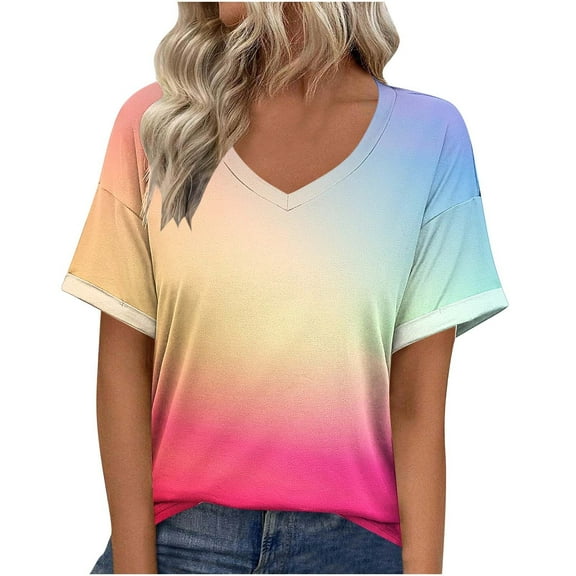 KeFaWanJu Plus Size Women's Gradient Blouse V-Neck Short Sleeve Casual Loose Shirts