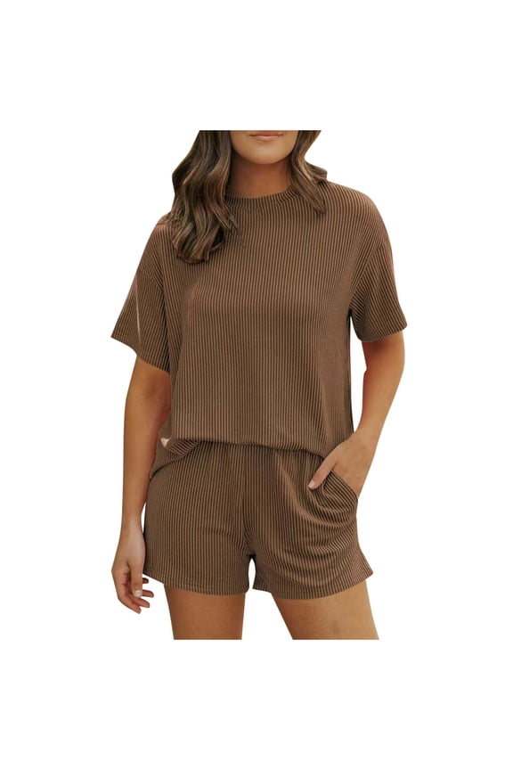 Summer 2 Piece Sets for Women Casual Active Short Sleeve Stripe T-Shirt and Elastic Waist Shorts