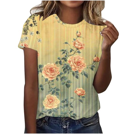 KeFaWanJu Summer ! Round Neck T Shirts for Women Plus Size Short Sleeve Tshirts Under $5 Floral Tee Shirts,Yellow B Sizes M
