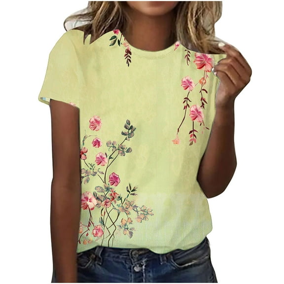 KeFaWanJu Summer ! Round Neck T Shirts for Women Plus Size Short Sleeve Tshirts Under $5 Floral Tee Shirts,Yellow E Sizes XXL