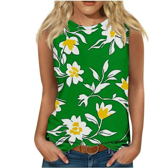 KeFaWanJu Tank Tops for Women under $5 Women's Summer Casual Sleeveless Printed Tops Fashion Loose Round Neck Tees