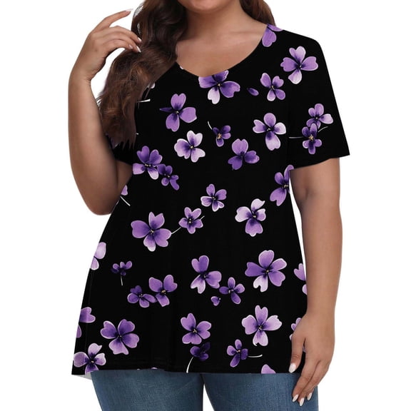 KeFaWanJu Women's Summer Plus Size Tshirts Printed V-Neck Short Sleeve Casual Loose Fit Tops