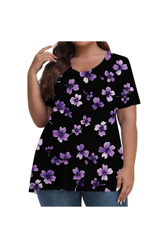 Women's Summer Plus Size Tshirts Printed V-Neck Short Sleeve Casual Loose Fit Tops