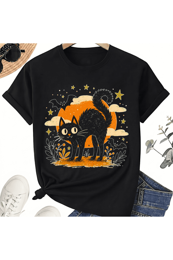Arched Scaredy Black Cat Orange Moon Clouds Spooky Halloween Cotton Unisex Graphic T-Shirt