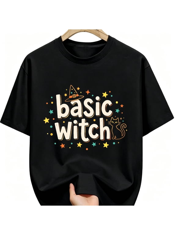 Basic Witch Colorful Stars Black Cat Witch Hat Halloween Cotton Unisex Graphic T-Shirt