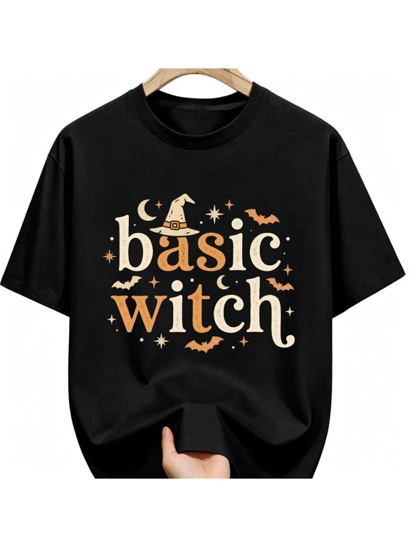 Basic Witch Cream Letters Witch Hat Bats Crescent Moon Halloween Cotton Unisex Graphic T-Shirt