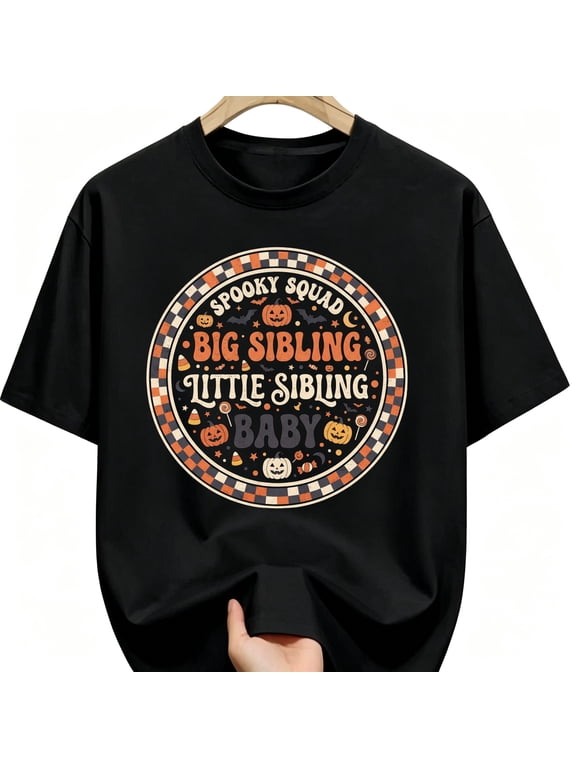 Big Sibling Little Sibling Baby Spooky Squad Circle Family Halloween Cotton Unisex Graphic T-Shirt
