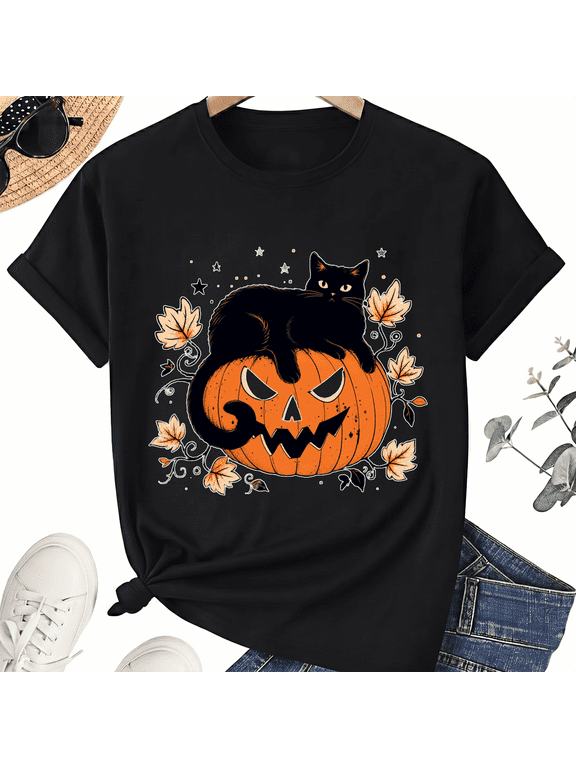 Black Cat Lying On Smiling Pumpkin Autumn Leaves Halloween Scene Cotton Unisex Graphic T-Shirt