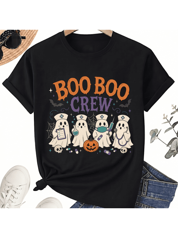 Boo Boo Crew Four Halloween Nurse Ghosts Clipboard Flask Cotton Unisex Graphic T-Shirt