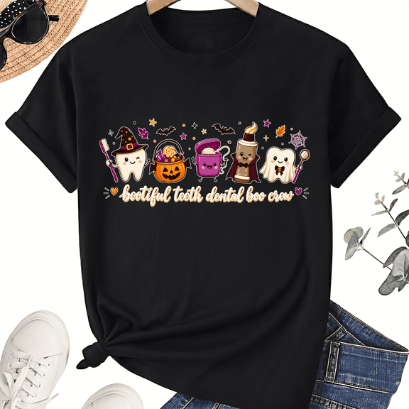 KeHetSoft Bootiful Teeth Dental Boo Crew Spooky Halloween Characters Cotton Unisex Graphic T-Shirt