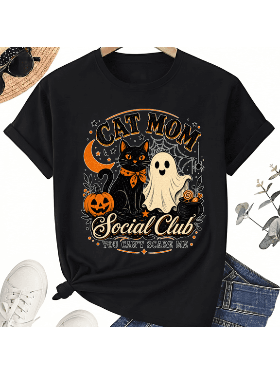 Cat Mom Social Club Black Cat Ghost Pumpkin Halloween for Women Cotton Graphic T-Shirt