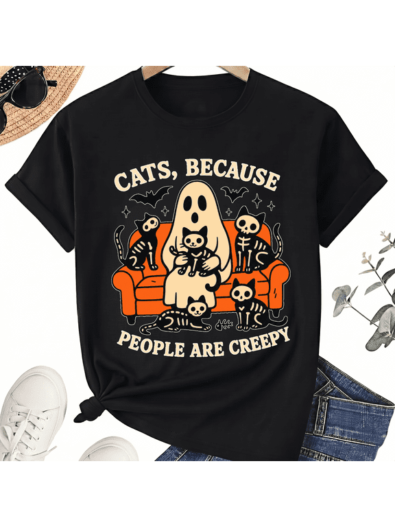 Cats Because Ghost On Couch Skeleton Cats Funny Halloween Cat Lover Cotton Unisex Graphic T-Shirt