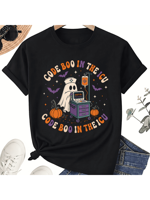 Code Boo In The ICU Funny Halloween ICU Nurse Ghost Cotton Unisex Graphic T-Shirt