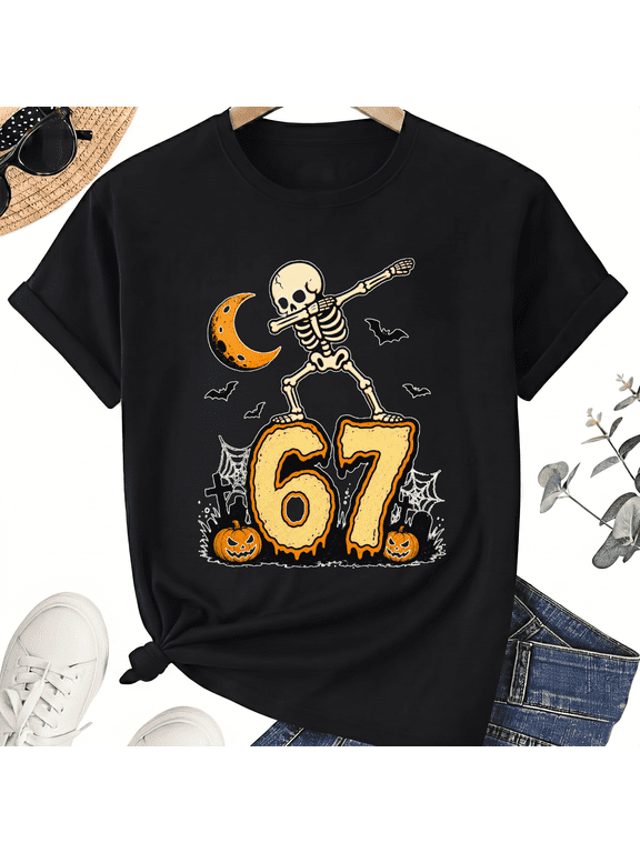 Dabbing Skeleton On Big 67 Spooky Halloween Birthday Cotton Unisex Graphic T-Shirt